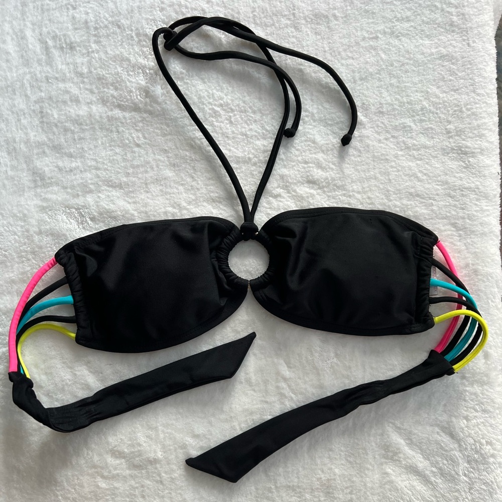 SOLD Xhilaration Black Halter Bikini Top with Neon Pink Blue Yellow Details